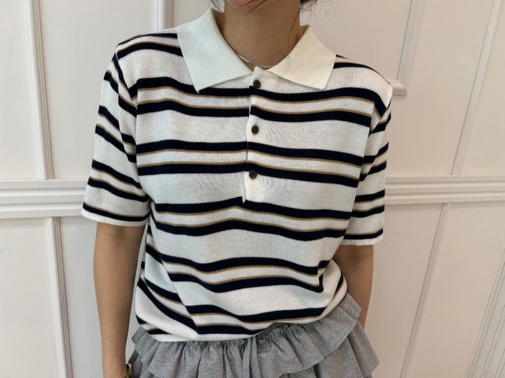 Pearls room - Korean Women Fashion - #momslook - Stripe Collar Tee - 2