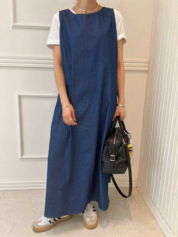 Pearls room - Korean Women Fashion - #momslook - Blue Long One-piece - 7