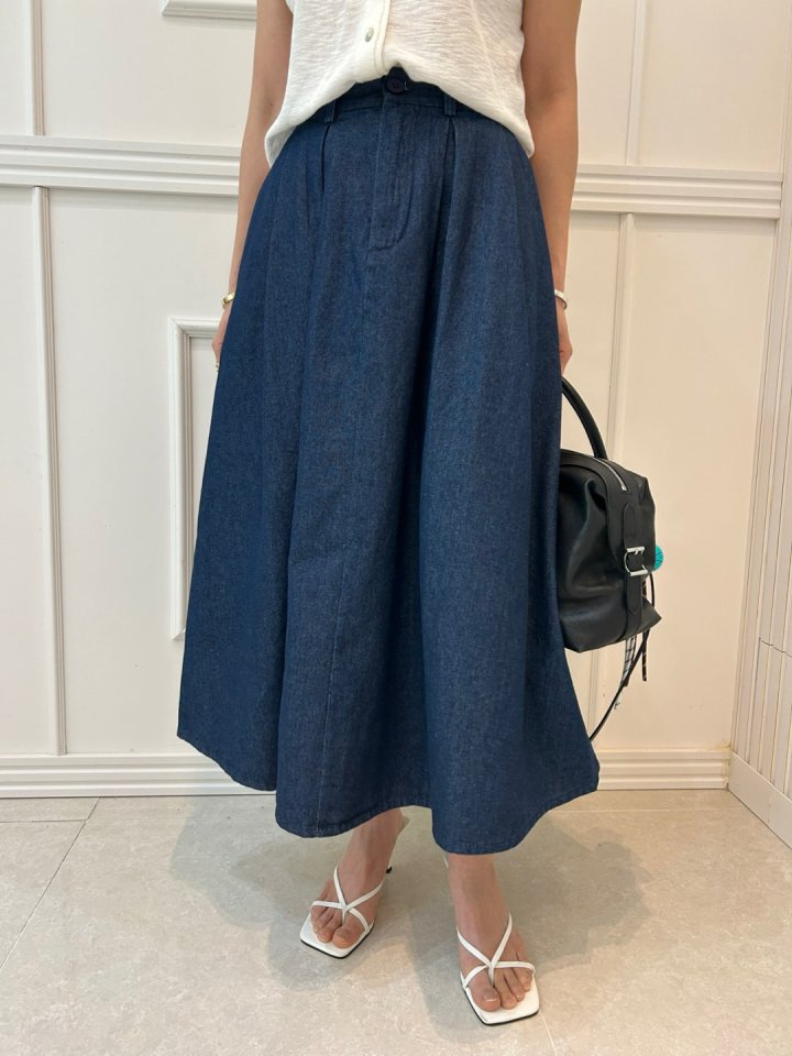 Pearls room - Korean Women Fashion - #momslook - Pintuck Denim Skirt - 5