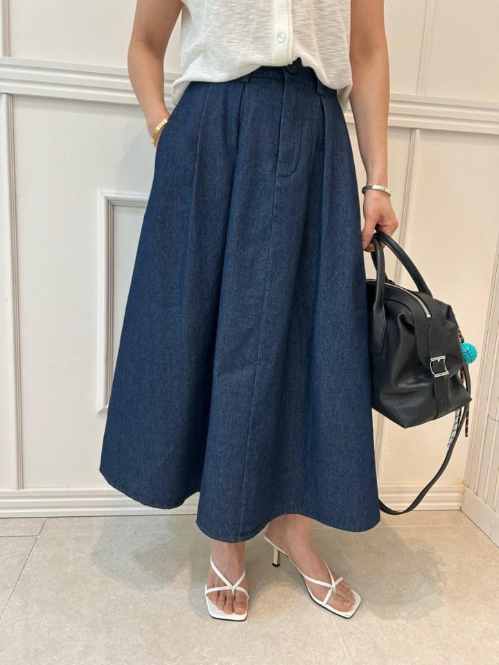 Pearls room - Korean Women Fashion - #momslook - Pintuck Denim Skirt - 7