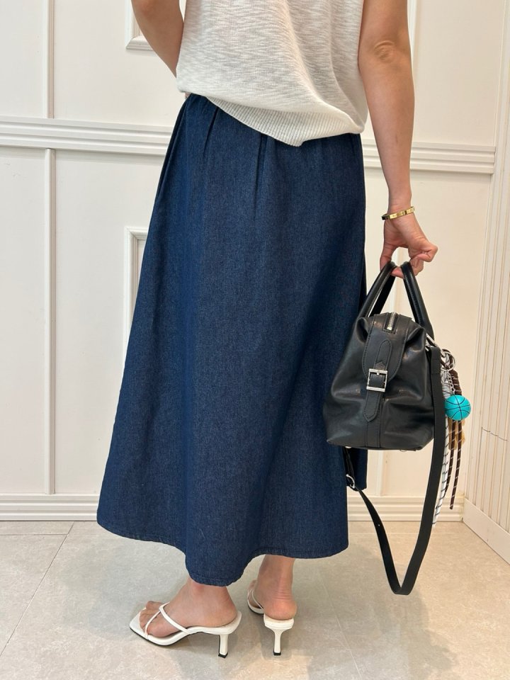 Pearls room - Korean Women Fashion - #momslook - Pintuck Denim Skirt - 9