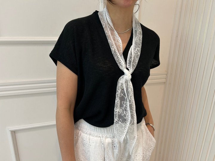 Pearls room - Korean Women Fashion - #momslook - Lace Tee with Scarf - 10