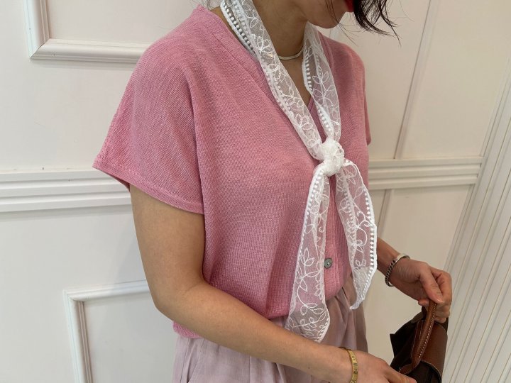 Pearls room - Korean Women Fashion - #momslook - Lace Tee with Scarf - 2
