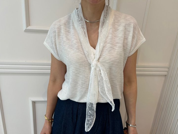 Pearls room - Korean Women Fashion - #momslook - Lace Tee with Scarf - 6