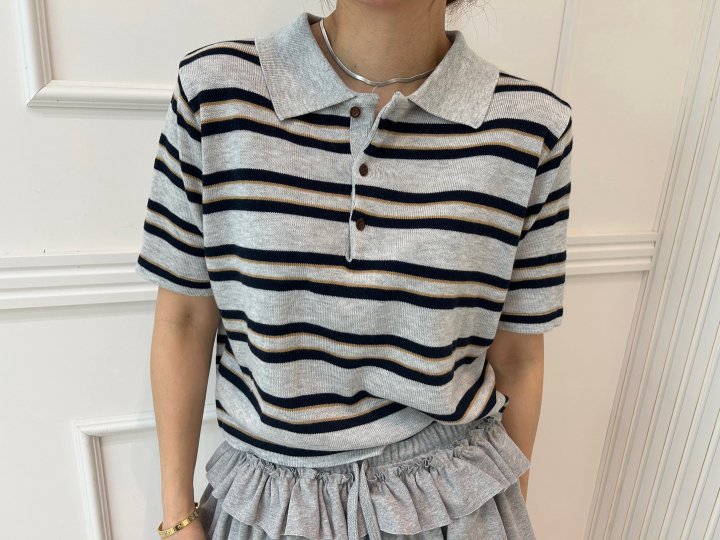 Pearls room - Korean Women Fashion - #pursuepretty - Stripe Collar Tee - 6
