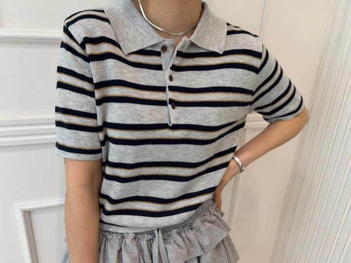 Pearls room - Korean Women Fashion - #romanticstyle - Stripe Collar Tee - 8
