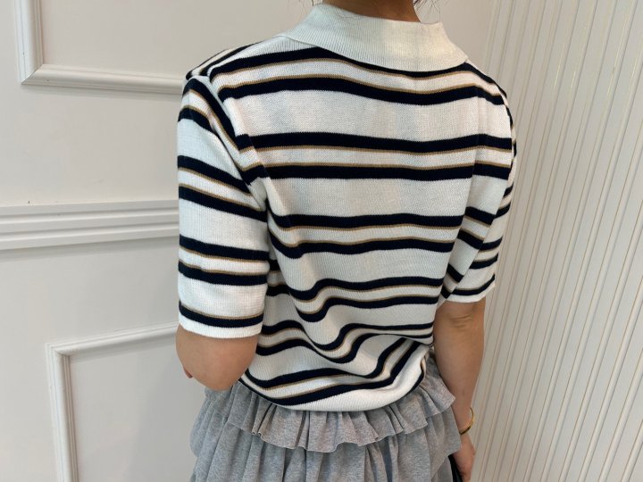Pearls room - Korean Women Fashion - #womensfashion - Stripe Collar Tee - 4