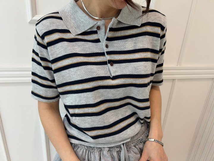 Pearls room - Korean Women Fashion - #vintagekidsstyle - Stripe Collar Tee - 5