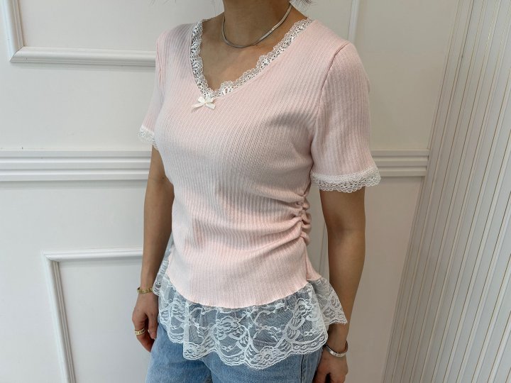 Pearls room - Korean Women Fashion - #momslook - Lace Shirring Knit - 4