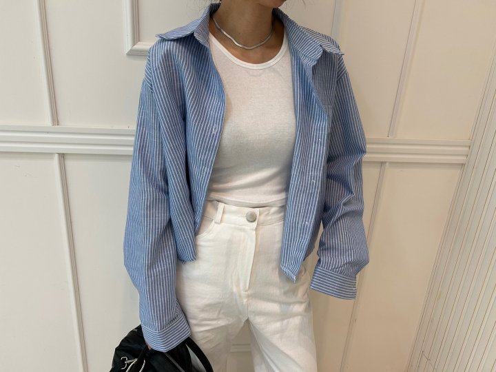 Pearls room - Korean Women Fashion - #momslook - Short Striped Shirt - 4