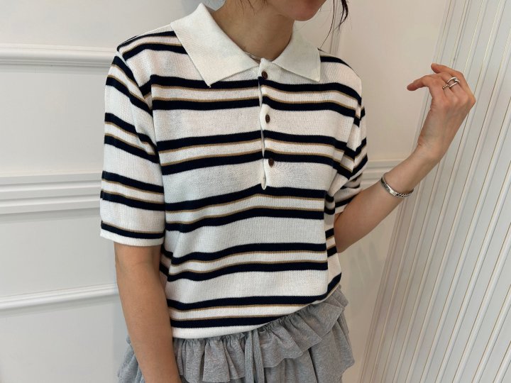 Pearls room - Korean Women Fashion - #womensfashion - Stripe Collar Tee - 3