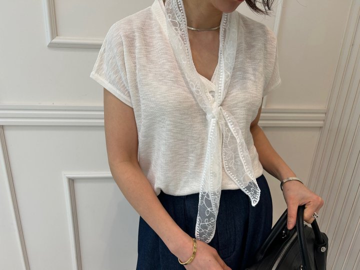 Pearls room - Korean Women Fashion - #womensfashion - Lace Tee with Scarf - 7
