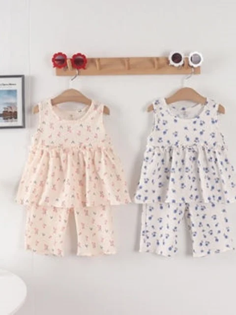 Flower Sleeveless Top Bottom Set