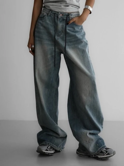 Drawstring Detail Wide Blue Denim Jeans