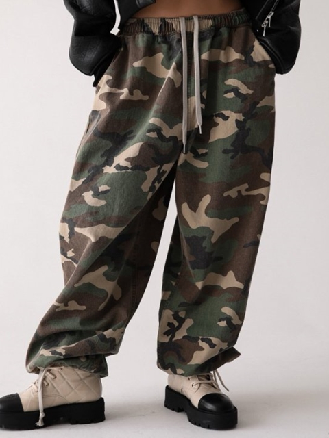 Camouflage Cotton Banded Maxi Wide Trousers
