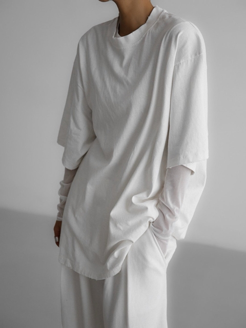 Mock Neck Ribbed Damage Detail Oversized Pigment Tee