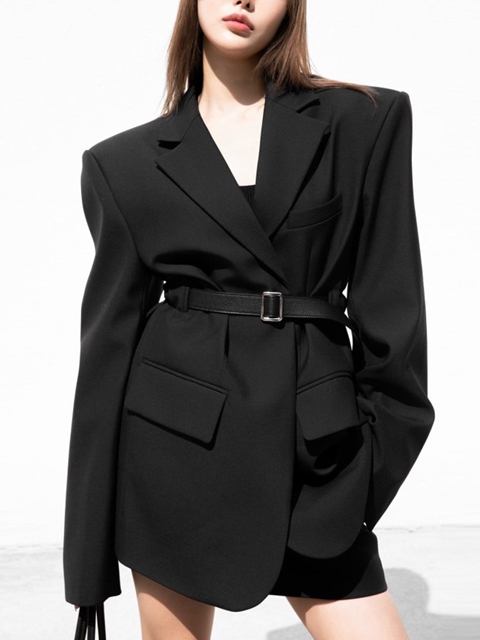 Classic Belteed Detail Wool Buttonless Blazer Classic Belteed Detail Wool Buttonless Blazer