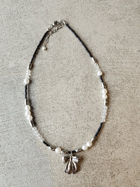 Ribbon Black Beads Necklace Ribbon Black Beads Necklace