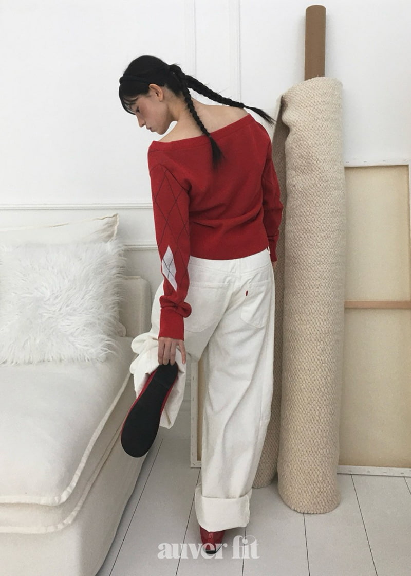 Auver_Fit - Korean Women Fashion - #momslook - Argyle Off Knit Top - 3