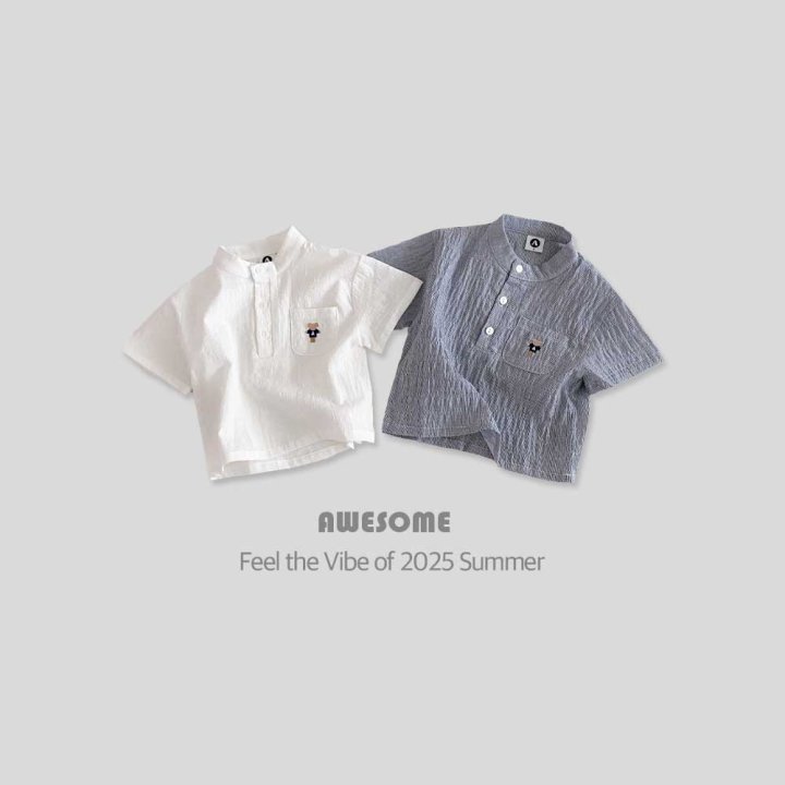 Awesome Bebe - Korean Children Fashion - #kidsshorts - Henry Neck Embroidered Short Sleeve Tee - 5