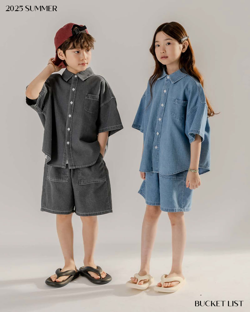 Bucket List - Korean Children Fashion - #childrensboutique - Basic Denim Short Sleeve Shirt - 4