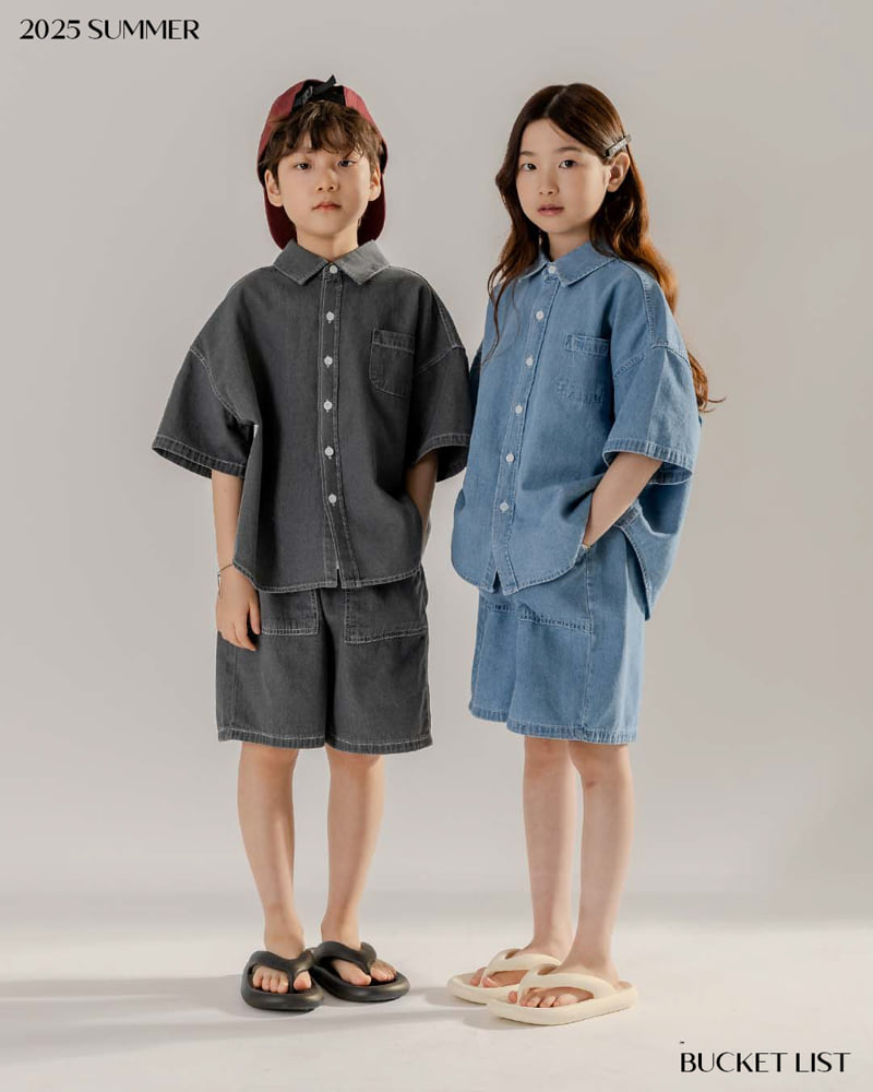 Bucket List - Korean Children Fashion - #kidsshorts - Basic Denim Short Sleeve Shirt - 7