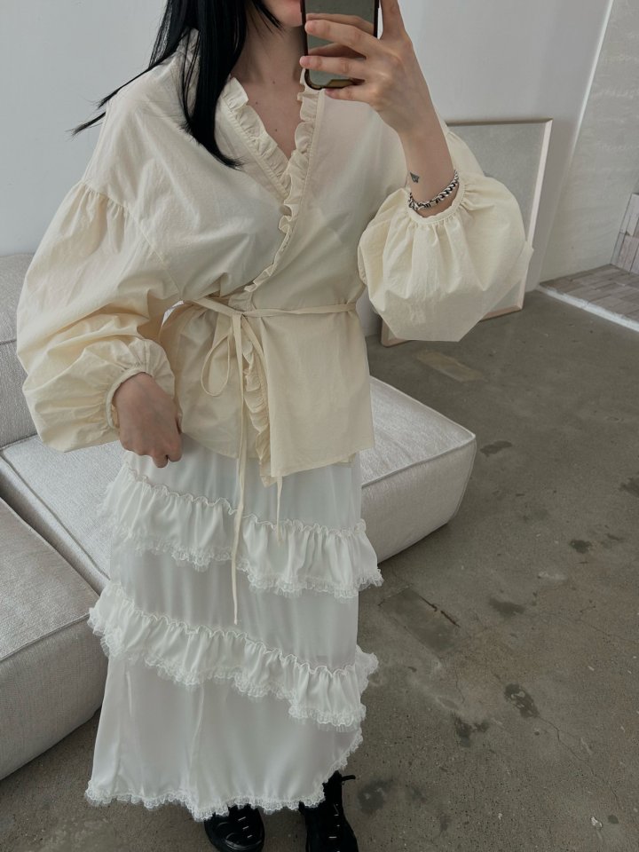 Buckle - Korean Women Fashion - #romanticstyle - Frill Balloon Wrap Blouse - 11