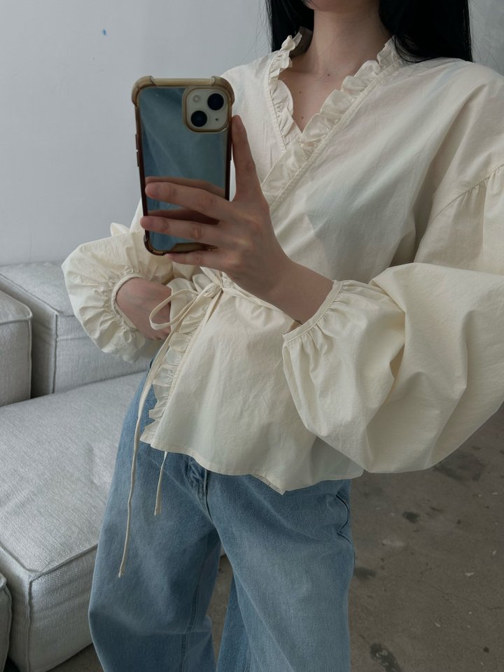 Buckle - Korean Women Fashion - #vintageinspired - Frill Balloon Wrap Blouse - 7
