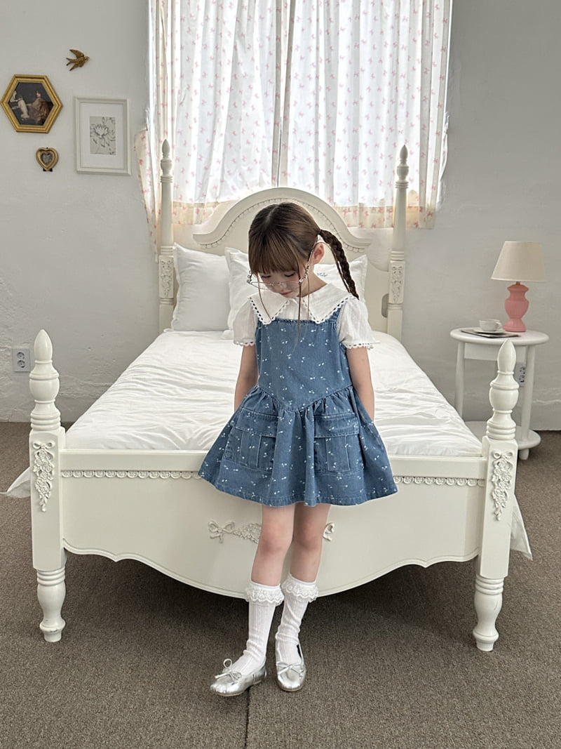 Ellymolly - Korean Children Fashion - #childrensboutique - Denim Flower Big Pocket One-piece - 9
