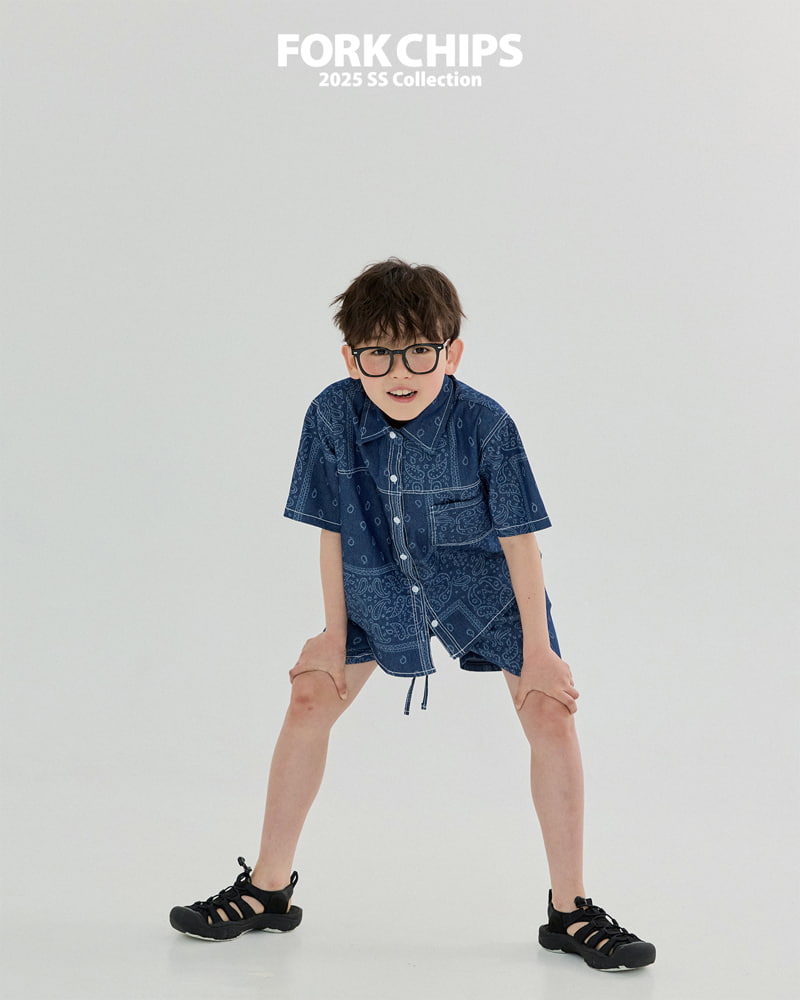 Fork Chips - Korean Children Fashion - #kidsshorts - Paisley Denim Shirt - 10
