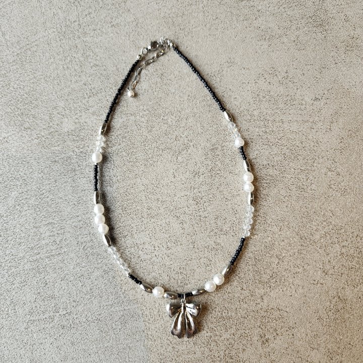 Newerly - Korean Women Fashion - #momslook - Ribbon Black Beads Necklace