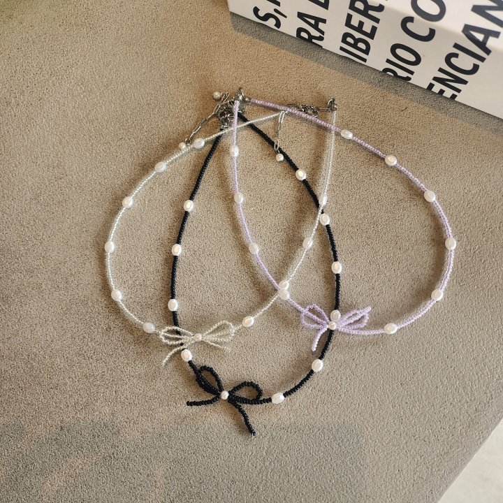Newerly - Korean Women Fashion - #momslook - Surgical Steal Ribbon Beads Necklace