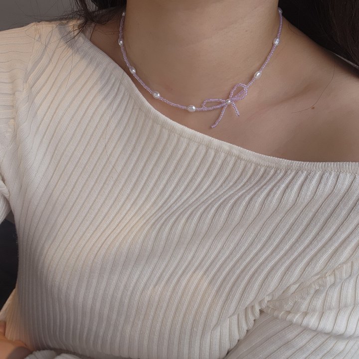 Newerly - Korean Women Fashion - #momslook - Surgical Steal Ribbon Beads Necklace - 5