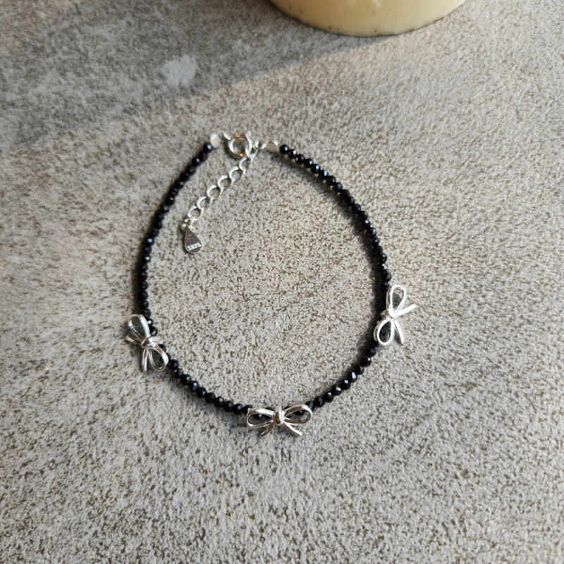 Newerly - Korean Women Fashion - #pursuepretty - 925 Silver Ribbon Black Beads Bracelet