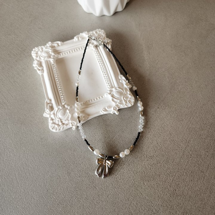 Newerly - Korean Women Fashion - #womensfashion - Ribbon Black Beads Necklace - 2