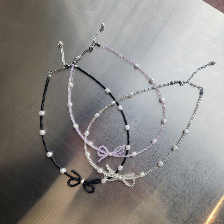 Newerly - Korean Women Fashion - #womensfashion - Surgical Steal Ribbon Beads Necklace - 2