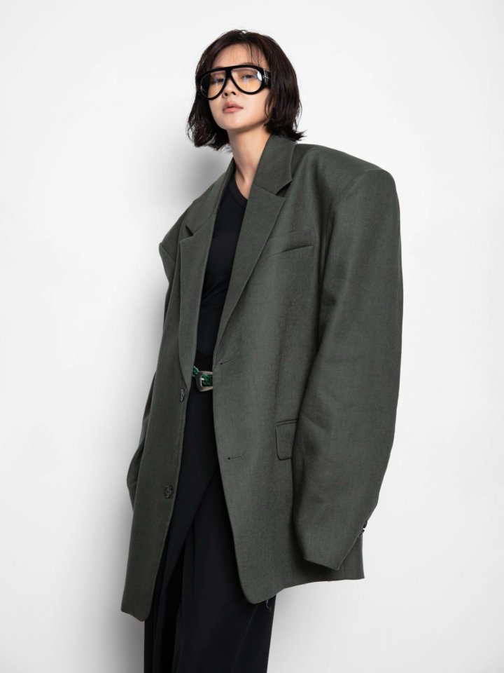 Paper Moon - Korean Women Fashion - #momslook - Linen Maxi Oversized Two Button Blazer - 2