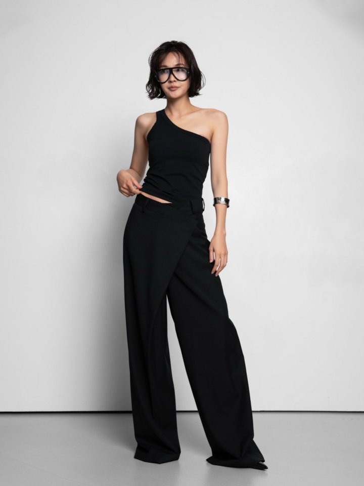 Paper Moon - Korean Women Fashion - #momslook - Asymmetry Pintuck Wide Maxi Trouser