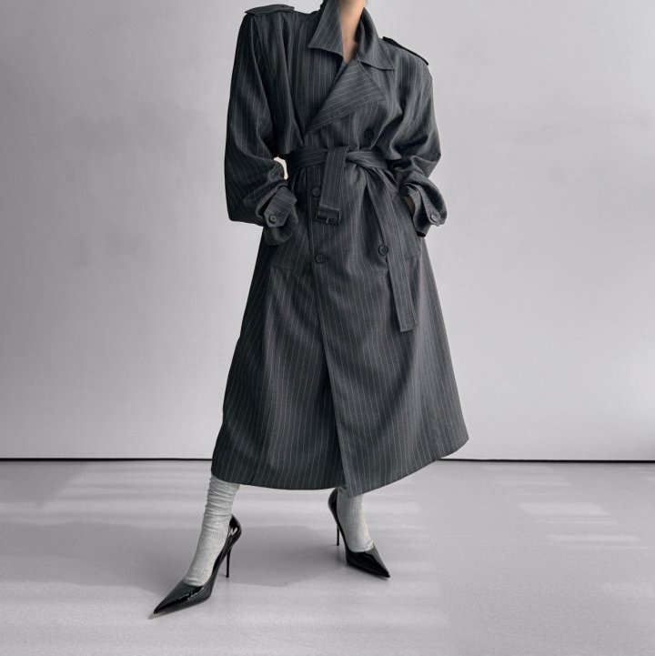Paper Moon - Korean Women Fashion - #momslook - Pin Stripe Padded Oversized Double Breasted Trench Coat