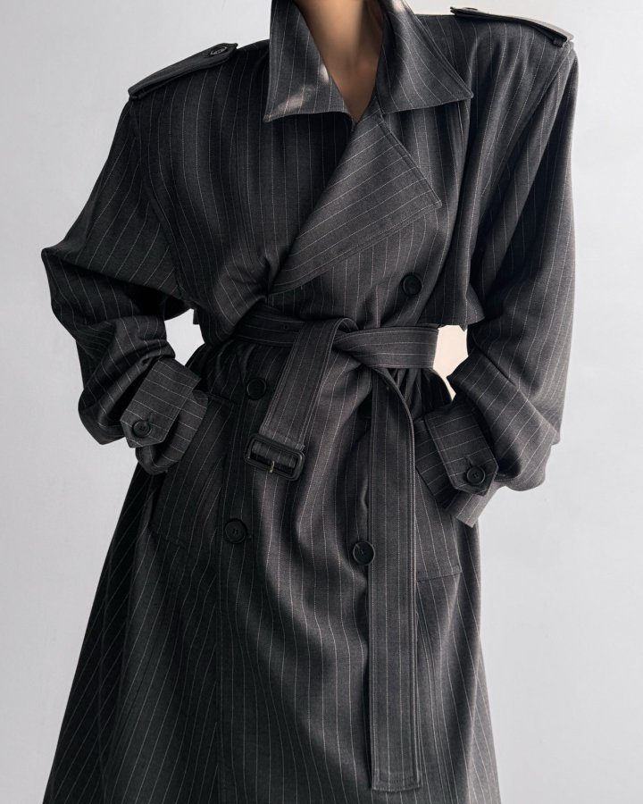 Paper Moon - Korean Women Fashion - #momslook - Pin Stripe Padded Oversized Double Breasted Trench Coat - 3