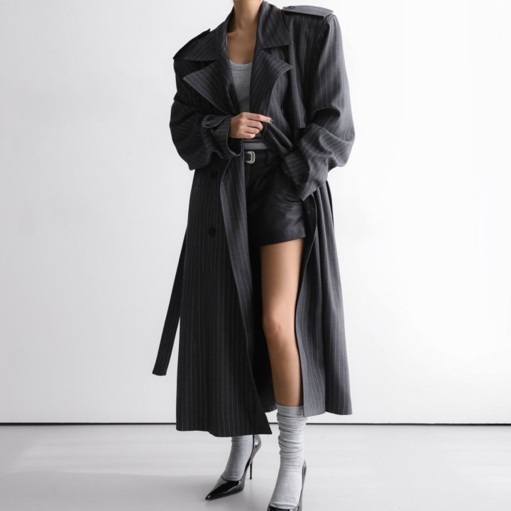 Paper Moon - Korean Women Fashion - #momslook - Pin Stripe Padded Oversized Double Breasted Trench Coat - 7