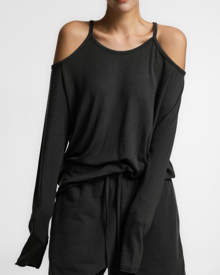 Paper Moon - Korean Women Fashion - #momslook - Overezied Soft Texture Cut Out Shoulder Detail Tee