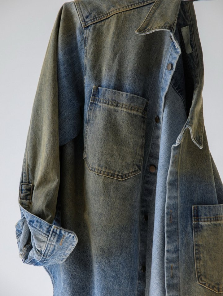 Paper Moon - Korean Women Fashion - #shopsmall - Dusty Mud Washed Oversized Denim Button Down Shirt - 2