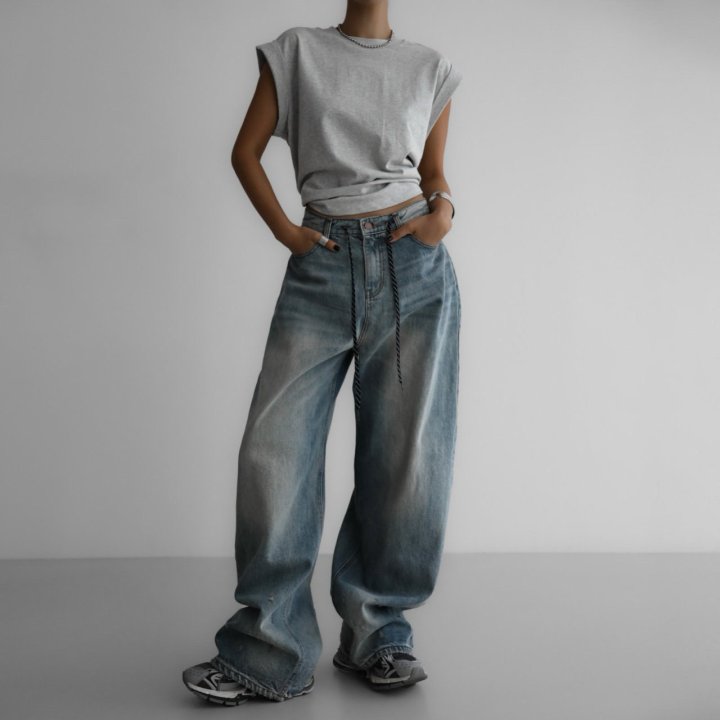 Paper Moon - Korean Women Fashion - #thatsdarling - Drawstring Detail Wide Blue Denim Jeans