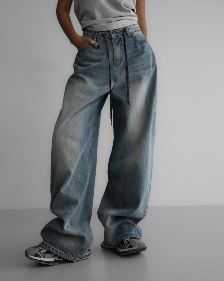 Paper Moon - Korean Women Fashion - #thelittlethings - Drawstring Detail Wide Blue Denim Jeans - 2