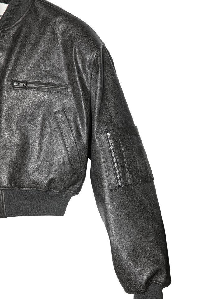Paper Moon - Korean Women Fashion - #vintageinspired - Vegan Leather Crop Full-up Bomber Jacket - 9