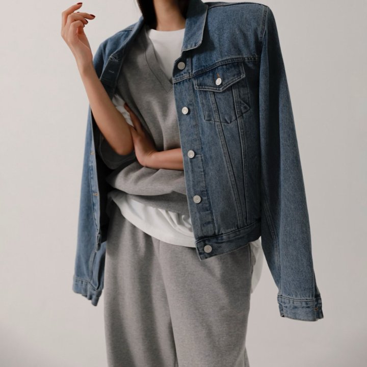 Paper Moon - Korean Women Fashion - #momslook - Maxi Padded Shoulder Over Denim Jacket - 4