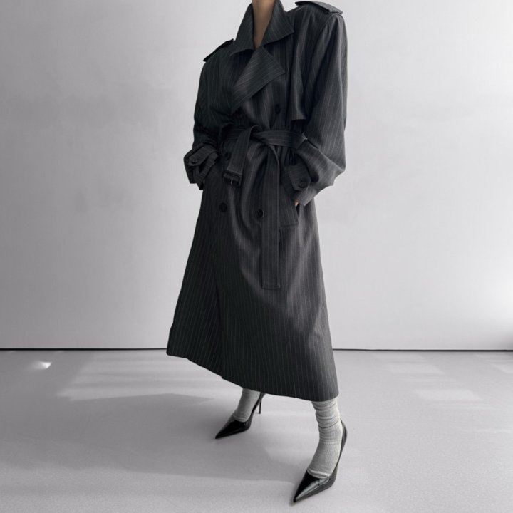 Paper Moon - Korean Women Fashion - #womensfashion - Pin Stripe Padded Oversized Double Breasted Trench Coat - 2