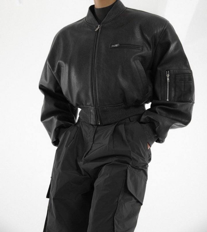Paper Moon - Korean Women Fashion - #womensfashion - Vegan Leather Crop Full-up Bomber Jacket - 2