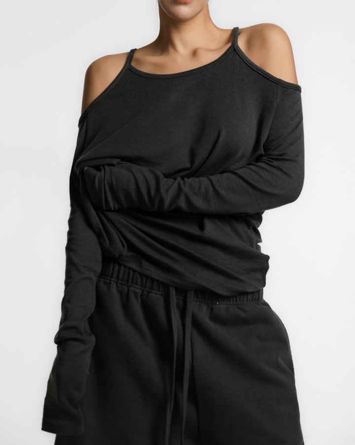 Paper Moon - Korean Women Fashion - #momslook - Overezied Soft Texture Cut Out Shoulder Detail Tee - 4